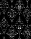 Vector contour mystical geometric pattern. Magic texture with occult symbols with stars and crescent. Sacral contour monochrome