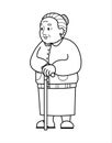 Vector contour old woman with a cane. Good old grandmother. Retiree, babushka. Elderly woman, senile people concept. For coloring