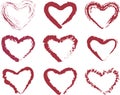 Vector contour textured brush drawings of set decorative abstract red heart shapes Royalty Free Stock Photo