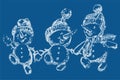 Vector contour watercolor brush drawing of three cheerful walking snowmen