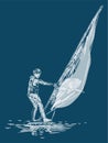 Vector contour watercolor brush drawing of windsurfer under sail in the sea