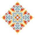 Vector contrast decorative illustration of floral rhombus composition. Folk art clipart with symmetrical kaleidoscope red flowers