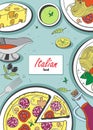 Vector cooking banner template with hand drawn objects on italian food theme: pizza, pasta, tomato, olive oil, olives, cheese, le Royalty Free Stock Photo