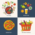Set of four food designs with cooking infographic.