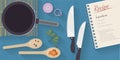 Vector cooking time illustration with flat icons. Fresh food and materials on kitchen table in flat style. Royalty Free Stock Photo