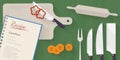 Vector cooking time illustration with flat icons. Fresh food and materials on kitchen table in flat style.