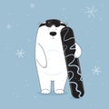 Vector Cool And Cute Bear On Snowboard Illustration. Hand Drawn Animal Cartoon Banner. Baby Winter Holidays Greeting