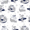 Vector Cool Gray Surfning Monkeys Seamless Pattern