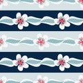 Vector Coral White Gray Flowers with Green Leaves on Blue and Green Stripes Seamless Repeat Pattern. Background for