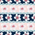 Vector Coral White Gray Flowers with Green Leaves on Peach and Blue Stripes Background Seamless Repeat Pattern