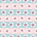 Vector Coral White Gray Flowers on Pastel Green Peach Stripes Background Seamless Repeat Pattern