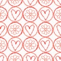 Vector coral, white textured heart flower circles. Seamless repeat pattern.