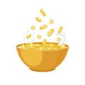 Vector Corn Sticks Falling Into Bright Orange Bowl, Breakfast Illustration Isolated.