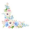 Pink, blue and white flowers. Vector corner background.