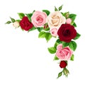 Red, Pink And White Roses. Vector Corner Background.