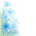 Vector corner bouquet with outline Flax plant or Linseed or Linum. Flower bunch, bud and leaf in pastel blue and green.