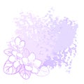 Vector corner bouquet with outline Saintpaulia or African violet flower and leaf in purple on the pastel textured background.