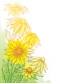 Vector corner bunch with outline Rudbeckia hirta or black-eyed Susan flower, ornate leaf and bud in pastel yellow and green.
