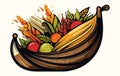 Vector cornucopia icon. Fruit and vegetable arrangement, Autumn cornucopia with pumpkins. Vector illustration Royalty Free Stock Photo