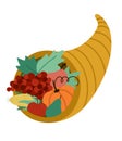 Vector cornucopia icon. Fruit and vegetable arrangement. Cute harvest and wealth symbol with apples, pumpkin and carrot. Autumn Royalty Free Stock Photo