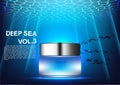 Vector cosmetic ads night cream with template on blue underwater background