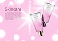 Vector cosmetic ads, pink camellia moisturizer product with glow
