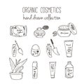 Vector cosmetic bottles. Organic cosmetics illustration. Doodle skin care items. Herbal hand drawn set. Spa elements in
