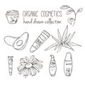 Vector cosmetic bottles. Organic cosmetics illustration. Doodle skin care items. Herbal hand drawn set. Spa elements in