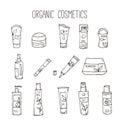 Vector cosmetic bottles. Organic cosmetics illustration. Doodle skin care items. Herbal hand drawn set. Spa elements in