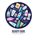 Vector cosmetic products. Natural cosmetics. Beauty care. Flat hand drawn elements is for advertising banner Royalty Free Stock Photo