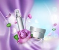 Vector cosmetics jars on bokeh background and roses. Element fo