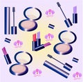 Vector Cosmetics set pattern. Floral Perfume collection, mascara, blush, lipstick, lip balm. Perfect for advertising