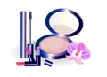 Vector Cosmetics set pattern. Floral Perfume collection, mascara, blush, lipstick, lip balm. Perfect for advertising