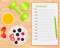 Vector cottage cheese with berries, orange juice, weights and notebook.