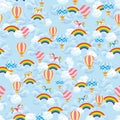 Vector Cotton Candy Clouds Hot air Balloons Rainbows and Unicorns pattern