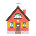 Vector country house icon isolated on white background. Flat farm cottage illustration. Cute red brick home with doorbell, plate,