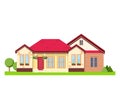 Vector suburban country house real estate exterior flat style. Eco farm, gest house for rent. Flat rural cottage. Royalty Free Stock Photo