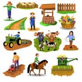 Vector countryside set of clip arts like harvester, sowing seeds, riding a horse, plowing, farm animals, well, farmer, tilling the Royalty Free Stock Photo