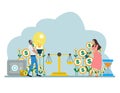 Vector of a couple businessman and businesswoman balancing family budget and finances