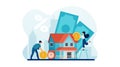 Vector of a couple investing money in real estate. Bank loan and savings concept