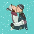 vector couple man and woman kissing under snowfall.Young man kissing his girl on the neck.Hand drawing Royalty Free Stock Photo