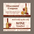 Vector coupon template for beverages. Set of wine banners with sketches. Illustration for voucher, label, card. Royalty Free Stock Photo