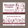 Vector coupon template for beverages. Set of wine banners with sketches. Illustration for voucher, label, card. Royalty Free Stock Photo