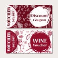 Vector coupon template for beverages. Set of wine banners with sketches. Illustration for voucher, label, card. Royalty Free Stock Photo