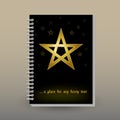 Vector cover of diary with ring spiral binder - format A5 - layout brochure concept - gold pentagram on black backgrou Royalty Free Stock Photo