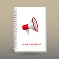 Vector cover of diary with ring spiral binder - format A5 - layout brochure concept - red and white colored megaphone