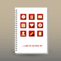 Vector cover of diary with ring spiral binder - format A5 - layout brochure concept - red yellow colored flat design p Royalty Free Stock Photo