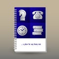 Vector cover of diary with ring spiral binder - format A5 - layout brochure concept - vibrant blue colored with gray b