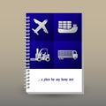 Vector cover of diary with ring spiral binder - format A5 - layout brochure concept - vibrant blue colored with gray t