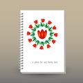 Vector cover of diary or notebook with ring spiral binder layout brochure concept - white colored with red tulip flo Royalty Free Stock Photo